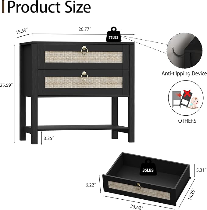 Xixini Nightstand Set of 2, Rattan Boho Bedside Table with 2 Drawers, Open Shelf & Brass Knobs, Small Mid Century Modern Night Stand, Wooden End Side Table for Bedroom, Living Room, Closet, Black
