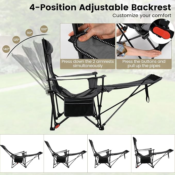 GYMAX Reclining Camping Chairs with Footrest, Lightweight Foldable Camping Chairs with Cup Holders, Adjustable Backrest, Headrest, Heavy Duty Camp Chair for Adult Outdoor Fishing Beach (Grey,1)