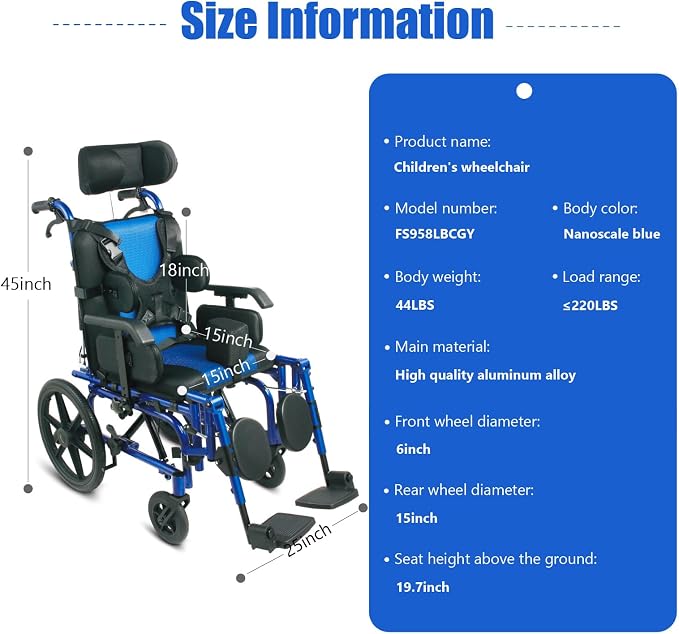 High Back Functional Wheelchair for Children and Teenagers with Cerebral Palsy 16 Inch Seat Width 180 Degree Recline Removable Dining Board Blue