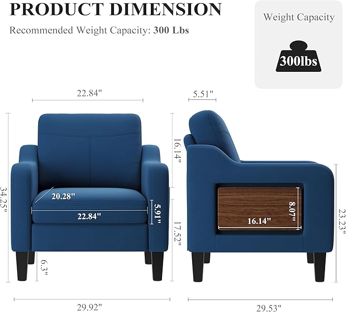 Accent Chair for Living Room, Mid-Century Upholstered Armchair with Foldable Table & 2 Side Pockets, Modern Linen Wooden Sofa Chair for Bedroom & Reading Room, Blue