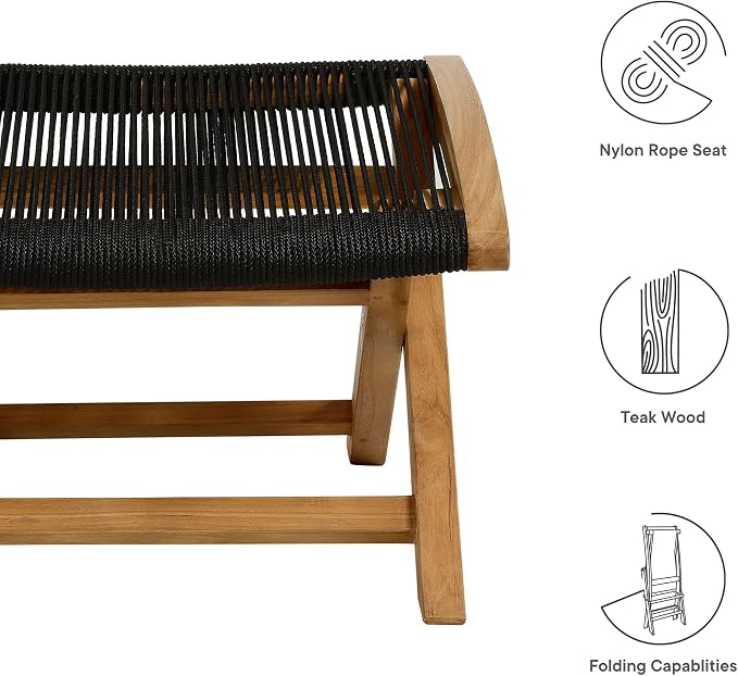 Modway Vienna Outdoor Patio Teak Wood Folding Ottoman in Natural Black