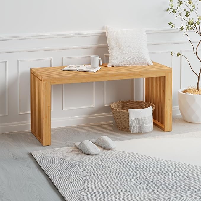 APRTAT Bamboo Dining Bench Indoor Long Entryway Shoe Rack Benchs,Outdoor Modern Wood Benches 35 Inch Bamboo Bench for Living Room Hallway Bedroom Bathroom
