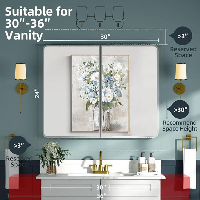 Bathroom Medicine Cabinet with Mirror 24x30Inch, Silver Medicine Cabinet Recessed or Surface Wall-Mounted, Mirrored Cabinets with Sturdy Metal Adjustable Shelves for Bathroom Vanity