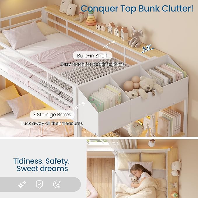 Twin Over Twin Bunk Bed with 6 Storage Drawers & 3 Boxes, Dual Side Shelves, Twin Bunk Beds for Kids with LED Lights and Charging Station, Heavy Duty Metal Bunk Bed with Safety Guardrail and Ladder