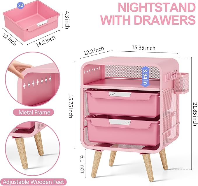 SYKIARIOL Pink Nightstand, Cute End Table with Storage Drawer, Kids Nightstand for Bedroom Furniture, Bedside Table Small Desk Coffee Table for Living Room, Dorm, Office