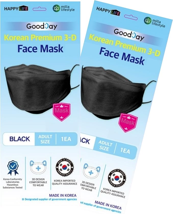(Pack of 10) Good Day Korea Black Disposable KF-94 Face Mask 4-Layer Filters Breathable Comfortable Protection, Protective Nose Mouth Covering Dust Mask Made in Korea.