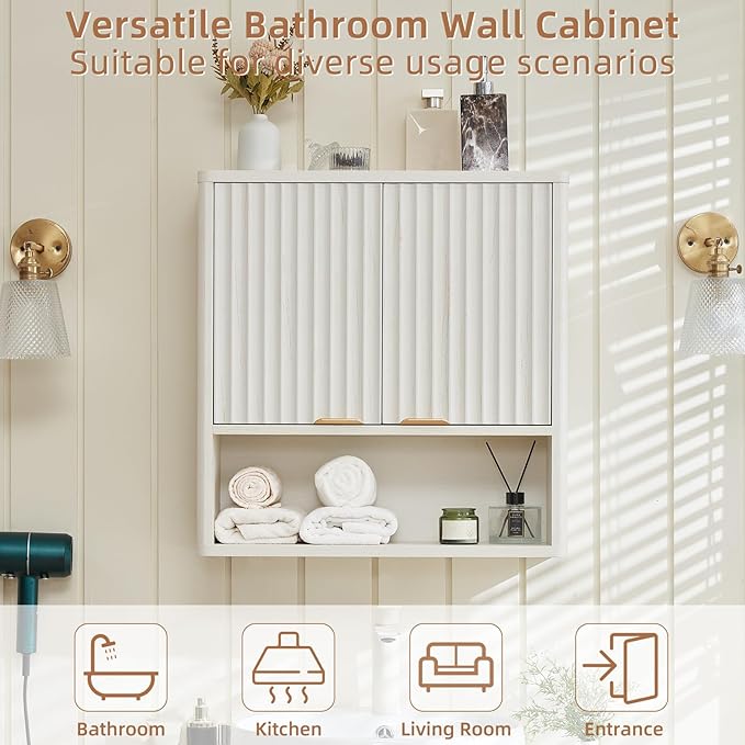 LEYAOYAO Fluted Bathroom Wall Cabinet, Wall-Mounted Medicine Cabinet with Adjustable Shelf & Doors, Farmhouse Floating Over the Toilet Storage Cabinets for Laundry Room, Kitchen, Living Room (White)