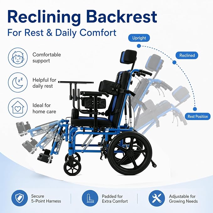 Full Reclining Pediatric Wheelchair – Heavy Duty Folding Kids Wheelchair with Headrest, Meal Tray & Elevating Footrest, Medical Mobility Chair for Home, Travel & Rehabilitation (Blue)