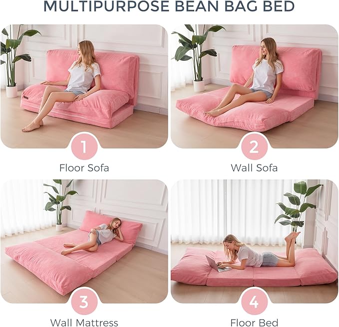 MAXYOYO Folding Sofa Bed, Extra Thick and Long Floor Sofa Convertible Sleeper Chair with Washable Cover, Floor Couch Lounge Bean Bag Bed for Living Room, Pink, 39x95 Inch