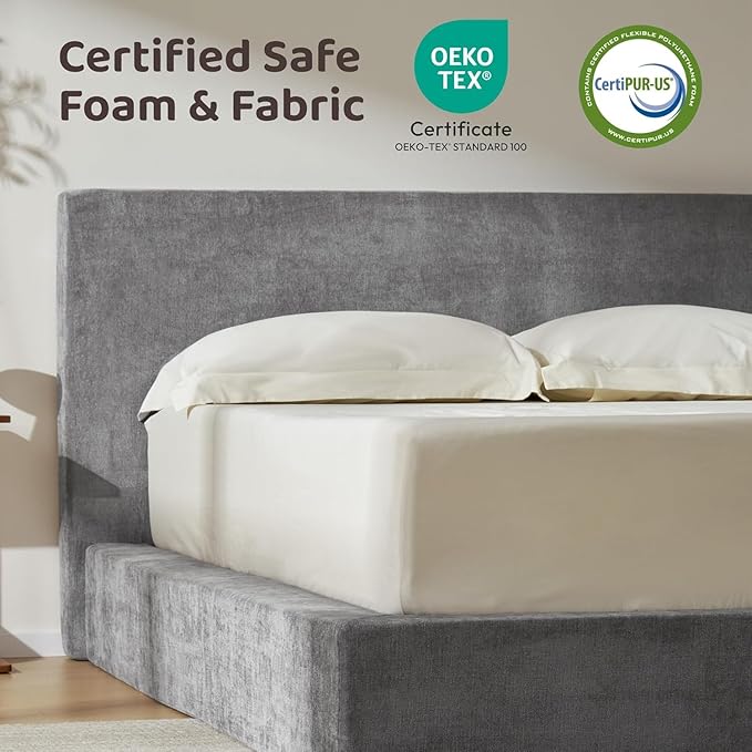 RECCI AirFrame Full Size Bed Frame with Headboard, Cloud Upholstered Platform Bed Frame, 5 Inch Foam Cushioned, No Box Spring, Easy Assembly (Moon Grey)