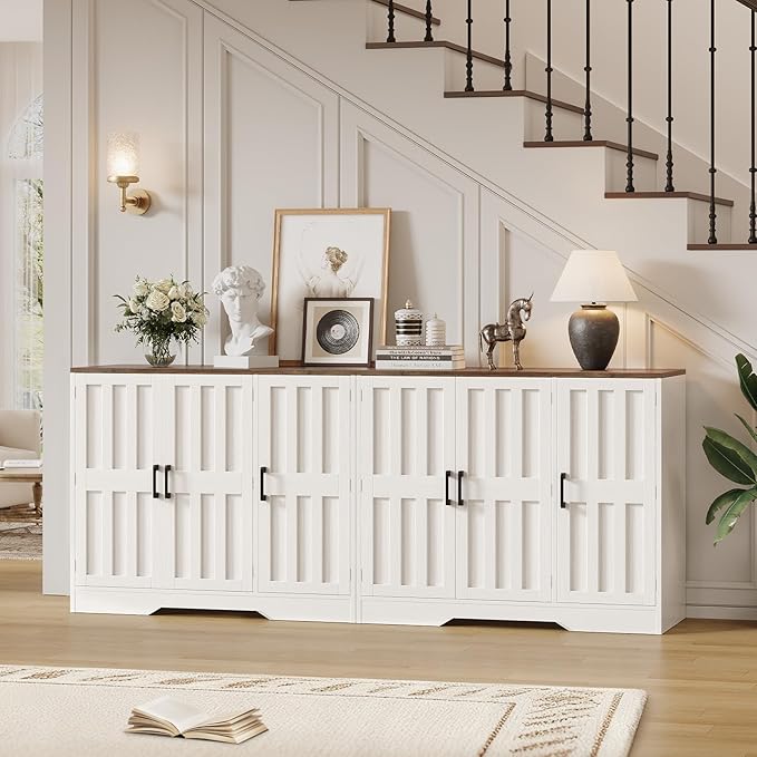 Modern Farmhouse Buffet Cabinet with Storage, 85" Large Sideboard Storage Cabinet with 6 Barn Doors, Coffee Liquor Bar Cabinet Wood Table Credenza with Adjustable Shelf for Kitchen Dining Living Room