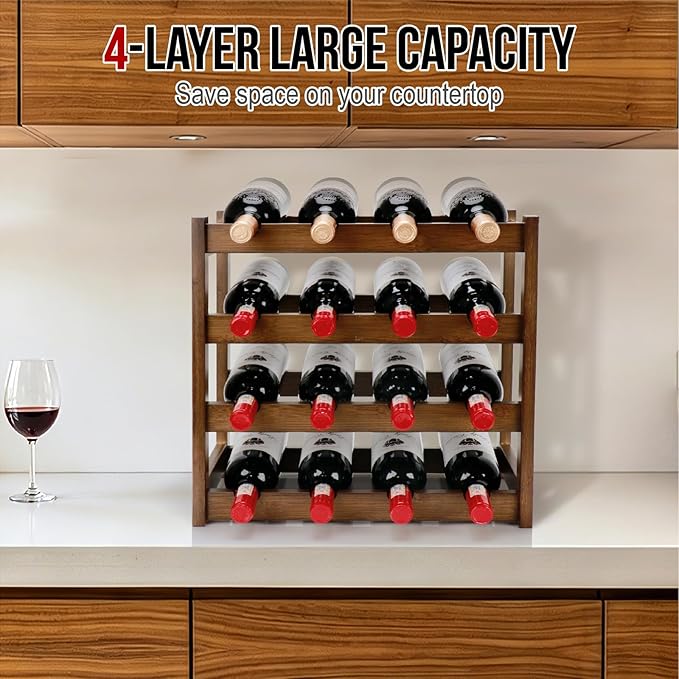 Bamboo Wine Rack, 4-Tier 16 Bottles Wine Storage Cabinet Shelf, Easy-Assembly Freestanding Bamboo Wine Racks Countertop for Kitchen Pantry Dining Room Bar, Walnut