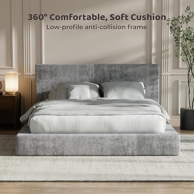 RECCI AirFrame Full Size Bed Frame with Headboard, Cloud Upholstered Platform Bed Frame, 5 Inch Foam Cushioned, No Box Spring, Easy Assembly (Moon Grey)