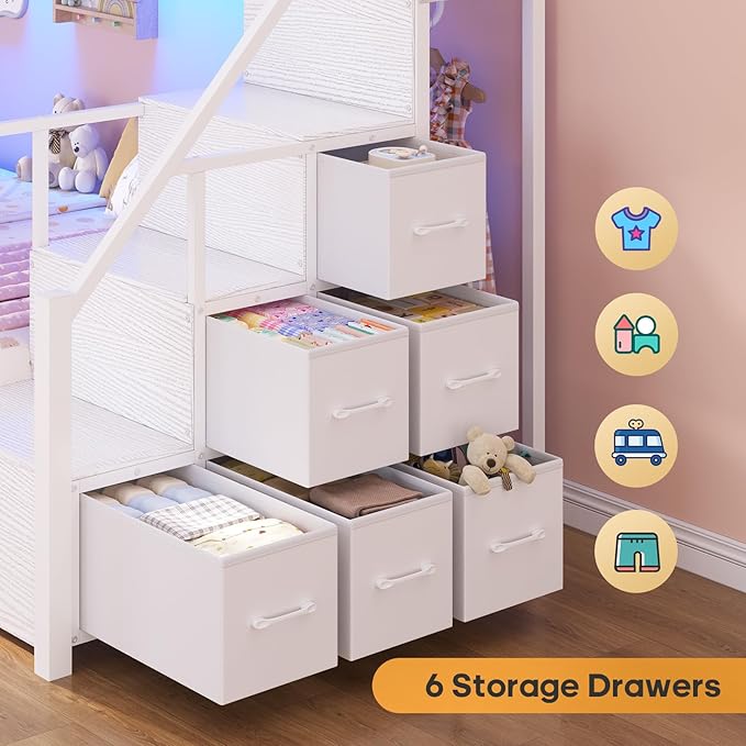 BTHFST Bunk Bed Twin Over Twin with Stairs, LED Lights Twin Bunk Bed with 2 Storage Drawers & 6 Fabric Drawers, Metal Twin Loft Beds with Guardrail & Stairs, Space Saving, Sturdy Frame for Teens
