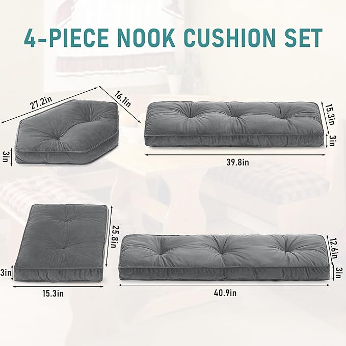 BALAPET Breakfast Nook Cushions Set 4 Piece Cushion Pad Set for Kitchen Breakfast Dining Nook,Shredded Foam Support Fits in Sets with Corner Benches, Mid Century Modern Small Dining Table Sets(Gray)