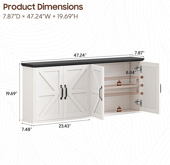 Halitaa 47" Laundry Room Cabinets and Storage with 4 Doors and Utility Adjustable Shelf, Large Wall Mounted Storage Cabinet, Upper Kitchen Cabinet for Laundry, Bathroom, and Kitchen, White and Black