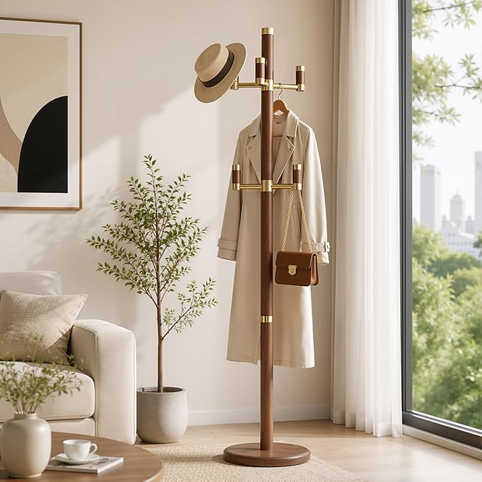 Solid Wood Freestanding Coat Rack with 6 Gold Metal Hooks, Heavy-Duty Freestanding Coat Stand for Coats, Hats, and Bags, Coat Racks for Bedroom, Entryway, and Living Room (Walnut)