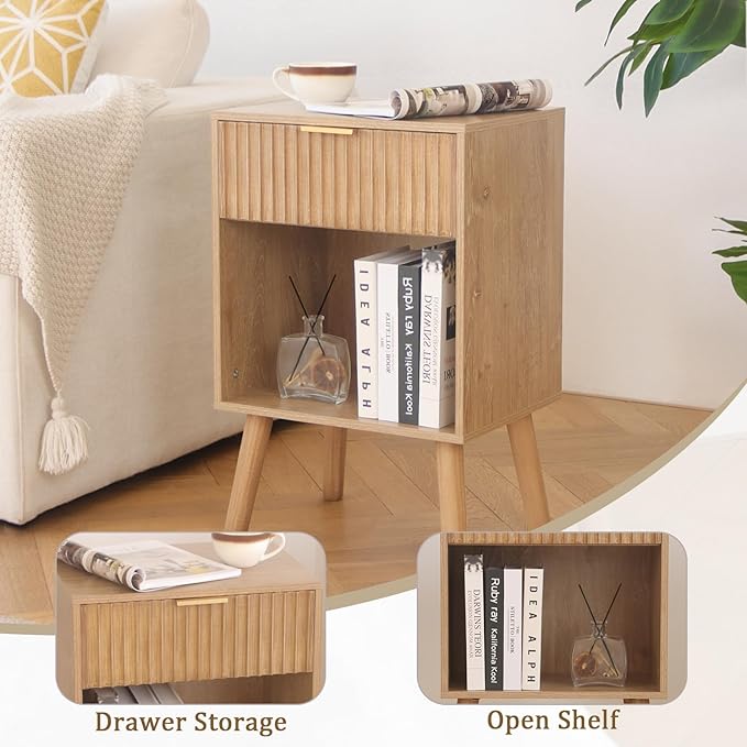 Fultyle Wood Nightstand with Charging Station, Bedside Table with Fluted Drawers and Outlet, Boho Night Stand for Bedroom, Living Room, Office (Rustic Walnut)