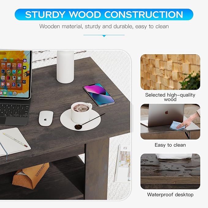 FDW 39.4" Lift Top Coffee Table with Hidden Compartment and Storage Shelf Wooden Lift Tabletop for Home Living Room Reception Room Office,Dark Brown