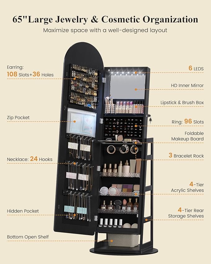 LVSOMT LED Arched Mirror Jewelry Cabinet Standing, Lockable Jewelry Armoire, Full-Length Mirror with Storage, Space-Saving Jewelry Organizer Mirror, Foldable Makeup Shelf, Gift for Women(LED Black)