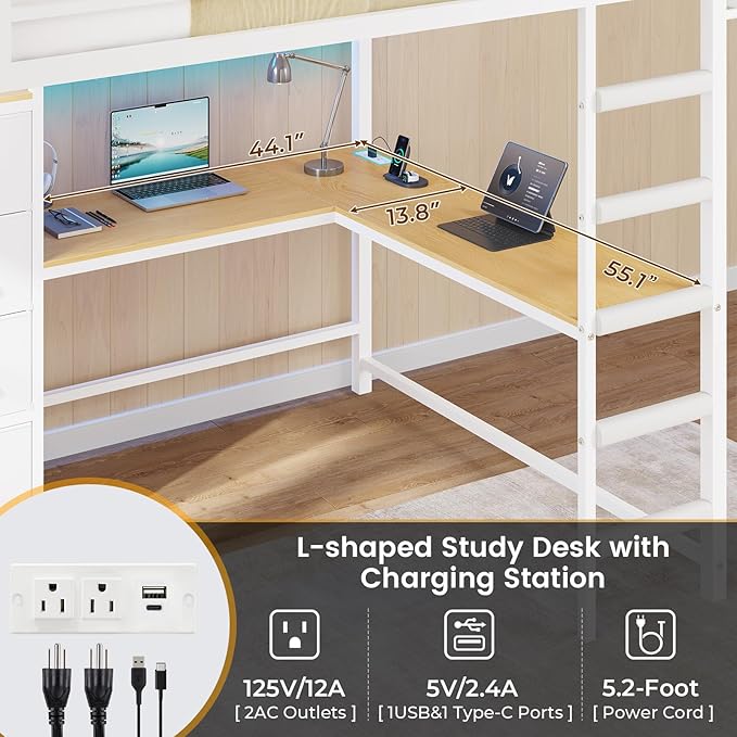 DICTAC Full Loft Bed with L-Shaped Desk and 7 Storage Drawers, Metal Full Size Loft Bed for Teen with LED Lights and Charging Station,13.11" H Safety Guardrail and Ladder,No Box Spring Needed, White