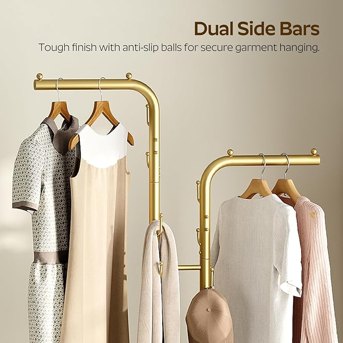 YATINEY Gold Coat Hanger Stand, Floor Standing Coat Rack, Entryway Coat Tree with 8 Hooks and Marble-Look Base, Modern Double-Pole Metal Clothes Rack for Entrance, Living Room, Bedroom, YM02DWY1