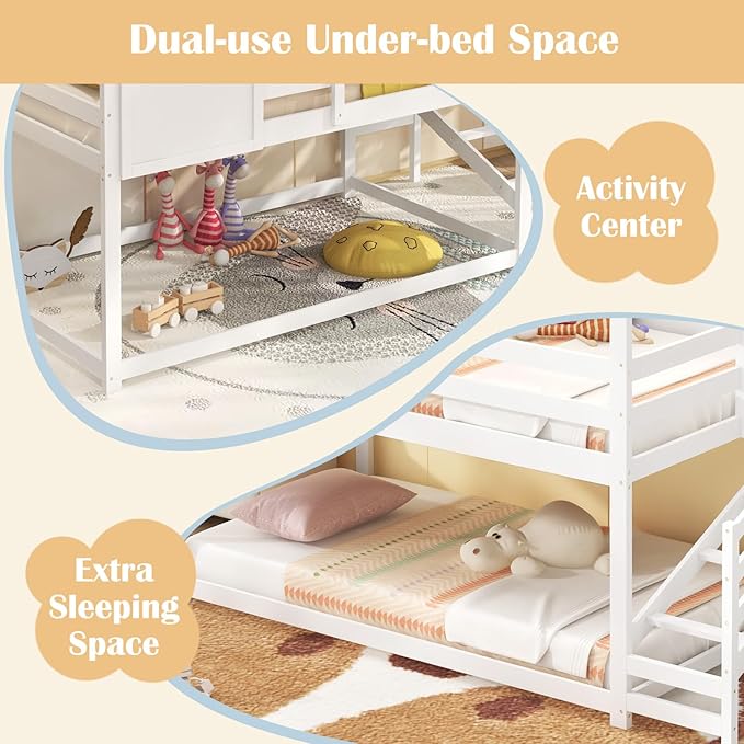 Giantex Twin Bunk Beds with Stairs, Floor House Bed with Roof & Window, Solid Wood Twin Over Twin Bunk Bed with Full-Length Guardrails and Steps, Space-Saving House Bed for Kids, Girls, Boys, White