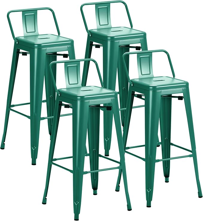 Furmax 30 Inch Metal Bar Stools Set of 4, Counter Height Stools, Industrial Bar Chairs Patio Stool Stackable Stool for Kitchen/Dining Room/Indoor Outdoor(Green, 30'' Lower Back)