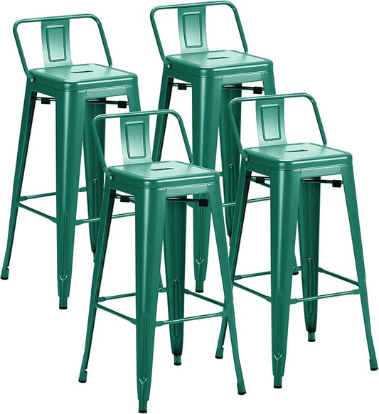 Furmax 30 Inch Metal Bar Stools Set of 4, Counter Height Stools, Industrial Bar Chairs Patio Stool Stackable Stool for Kitchen/Dining Room/Indoor Outdoor(Green, 30'' Lower Back)