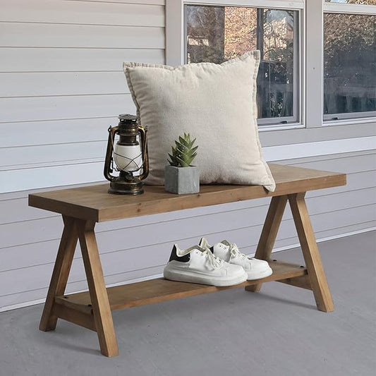 RowyPoey Solid Wood Bench, 43" Farmhouse Entryway Bench for Living Dining Room, Rustic Storage Bench Seat for Indoors, Natural