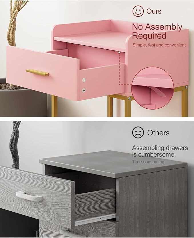 Nightstand, Modern Bedside Table with Drawer and Legs,Pink and Gold Night Stand with Open Shelf, Narrow Side Table for Bedroom, Living Room