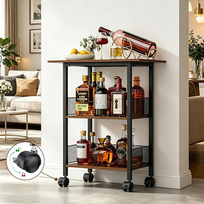 Bar Cart, Mobile 3-Tier Serving Cart with Lockable Wheels, Freestanding Wine Rack & Liquor Cabinet for Kitchen, Dining Room, Home Bar in Black