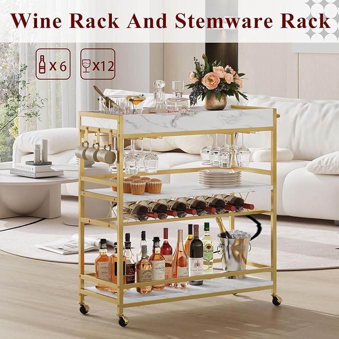 BON AUGURE Bar Cart for The Home, Rolling Home Bar Serving Cart on Wheels, 3 Tier Mobile Liquor Beverage Carts with Wine Rack and Glass Holder (Gold & Marbleized White)