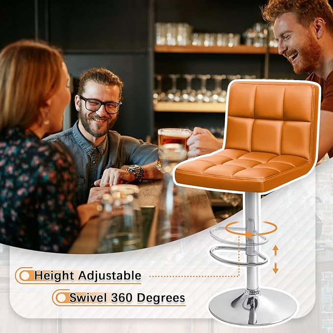 Homall Bar Stools Modern PU Leather Adjustable Swivel Barstools, Armless Hydraulic Kitchen Counter Bar Stool Extra Height Square Island Barstool with Back Set of 2 (Leather, Orange)