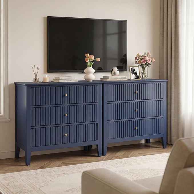 RoyalCraft 32" Large Nightstand Set of 2, Fluted Painted Bedside Table with 3 Spacious Drawers, Modern Tall End Table for Bedroom, Blue