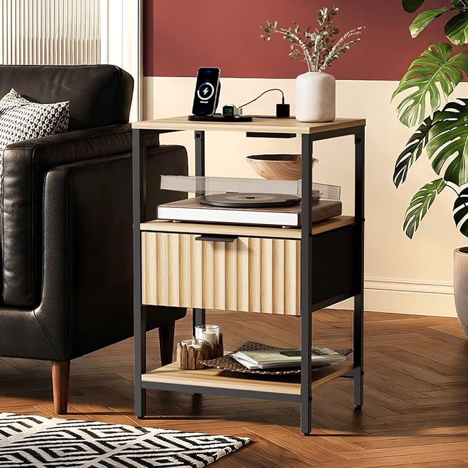 VINGLI Night Stand with Charging Station and Fabric Drawer, Fluted Nightstand with Drawer, Bed Side Table/End Table for Bedroom, Dorm, 14.96" W*11.81" D*23.7" H, 1 pc