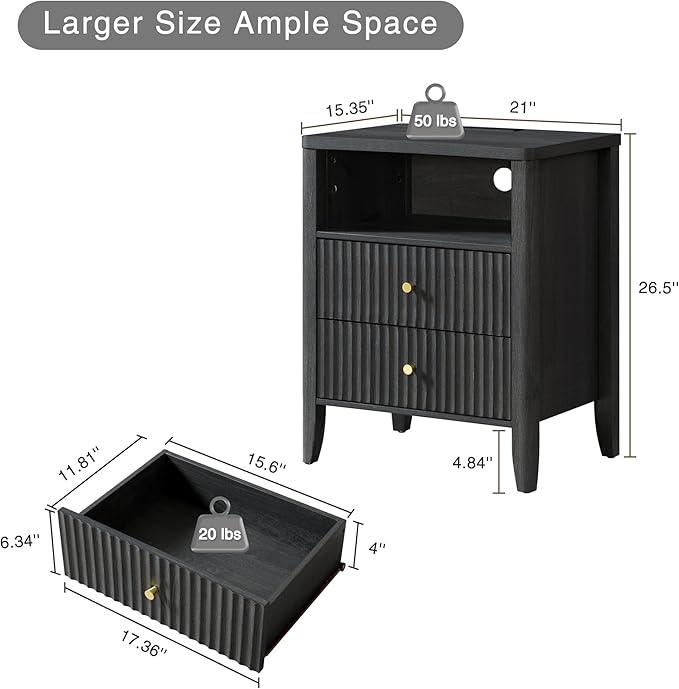 Fluted Nightstand with Charging Station Set of 2, 21" Wide Modern Bedside Table with 2 Drawers & Open Shelf, Wood End Table with Storage & Metal Handle for Bedroom, Small Spaces, Black Grey