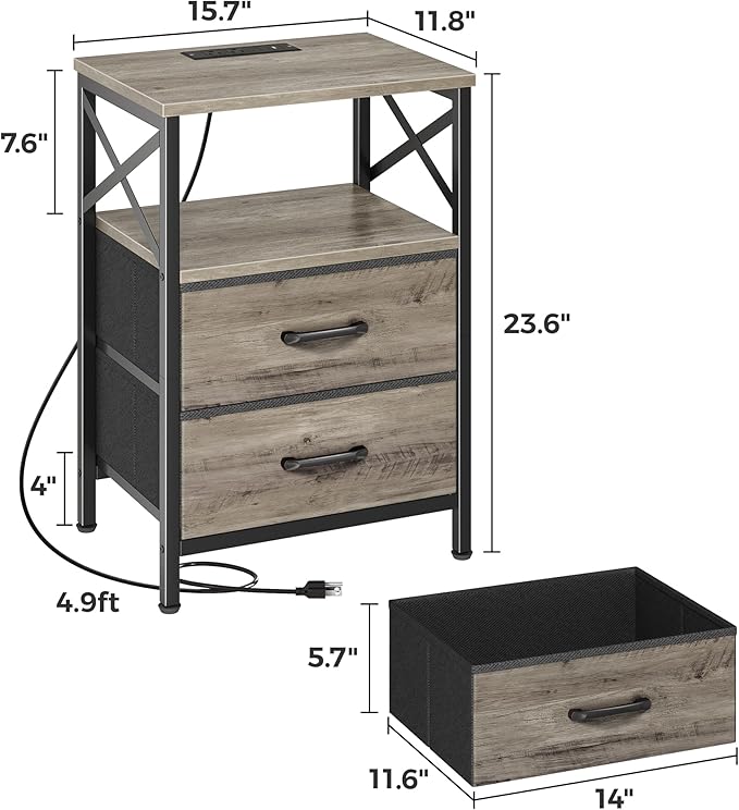 Huuger Night Stand with Charger Station, 2 Drawer Nightstand with Open Shelf, Bed Side Table with USB-C Port, End Table, Compact Size for Small Spaces, X Shaped Side Rail, Oak