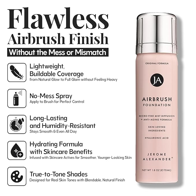 Jerome Alexander MagicMinerals AirBrush Foundation – 2 Piece Set with Airbrush Foundation and Kabuki Brush - Spray Makeup with Anti-aging Ingredients for Smooth Radiant Skin - Dark