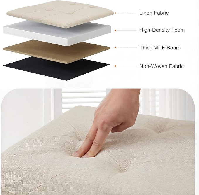 Sweetcrispy 43 Inch Folding Storage Ottoman Bench, Large Hidden Storage Chest with Padded Seat, Foot Rest Stool Supports Up to 660Lbs, End of Bed Bench for Bedroom, Living Room, Linen Fabric, Beige