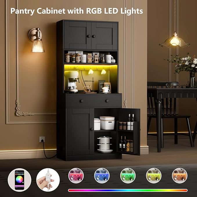 Korfile 71" Tall Kitchen Pantry Storage Cabinet with Power Outlet & LED Light, Freestanding Food Pantry Cabinet with 4 Doors and Shelves, Cupboard with Drawer, Hutch with Microwave Stand (Black)