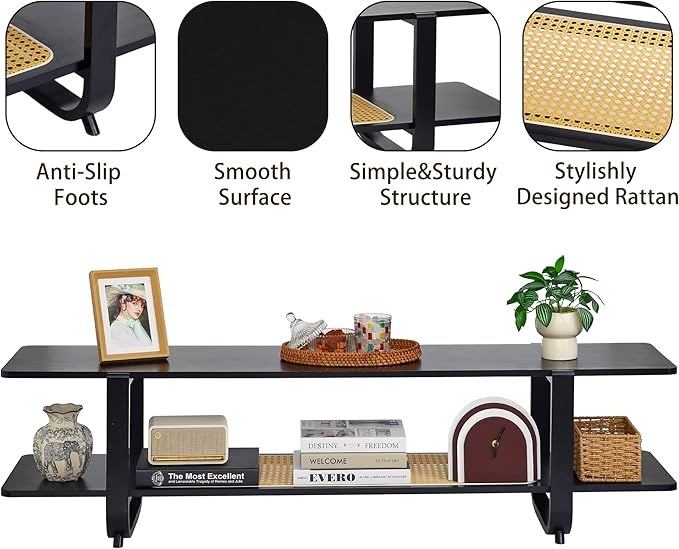 Bamboo TV Stand for TVs up to 65", Accent Entertainment Center with Storage, Media Console Table with Shelf, Modern TV Stand for Living Room, Bedroom, 54.3"(L), Black