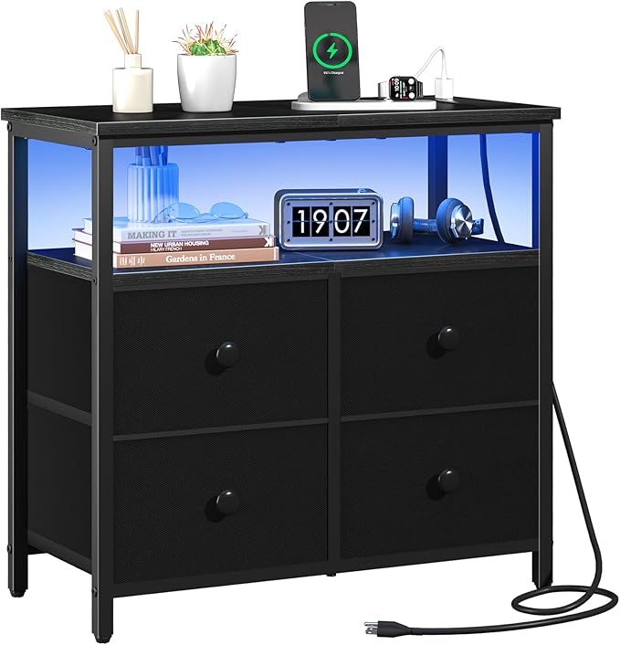 Yoobure Night Stand with Charge Station, Nightstand with 4 Drawers Bedside Table, LED Dresser with Storage Shelf, Night Stands for Bedroom, Side Table 3-Tier Wood End Table for Home, Office Black