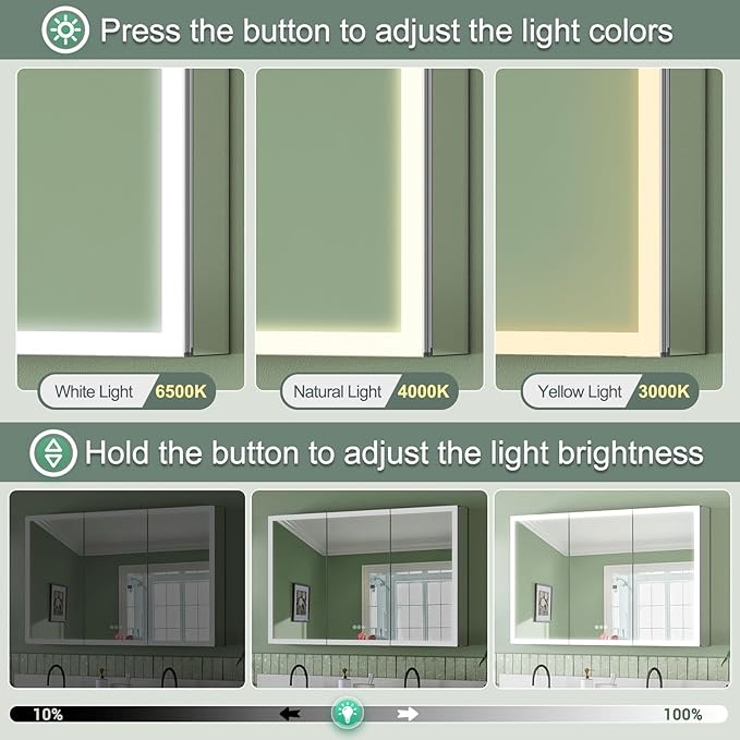 48x30 Inch Lighted Medicine Cabinet with Mirror, AL Alloy Frame, Plug-in or Hardwired, Recessed or Surface Mount, 3 Colors/Dimmable/Interior Sensor Light/Defog,2 Outlets & USBs,4 Shelves