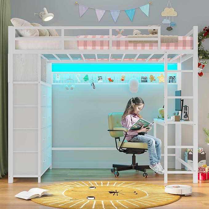 ADORNEVE Twin Size Loft Bed with Desk and 8 Storage Drawers, Metal Kids Loft Bed Twin with LED Lights & Charging Sation, Storage Shelves, 13.1" H Safety Guard & Ladder, No Box Spring Needed, White