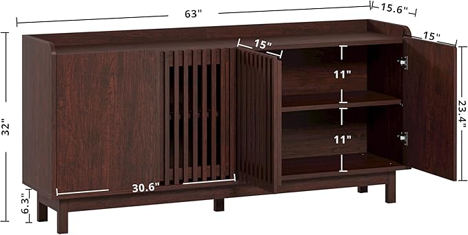 IRONCK 63" Storage Cabinet, Buffet Cabinet with Grille Doors and 2 Adjustable Shelves, Mid Century Sideboard for Kitchen, Dining Room, Entryway（Natural Red Walnut）