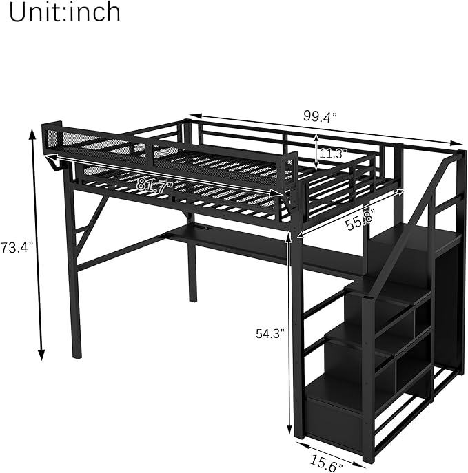 KEIKI Full Size Metal Loft Bed Frame with Desk, Staircase, Built-in Storage Shelves and Wardrobe, Modern Loft Bed with Solid Slats, Guardrail, No Box Spring Required, Easy Assembly, for Bedroom, Black