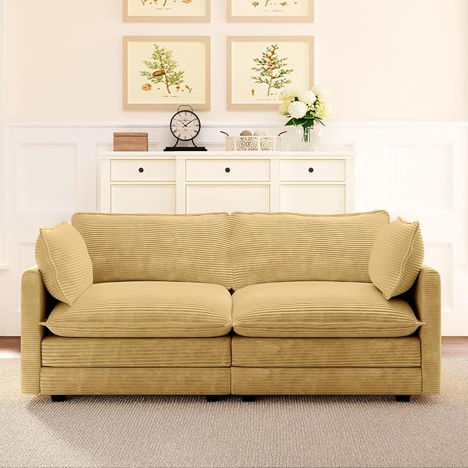 ROWHY 78'' Sectional 2 Seat Cloud Loveseat with 2 Throw Pillows, Modern Corduroy Love Seat, Convertible Cozy Sofa for Living Room, Bedroom and Office, Yellow
