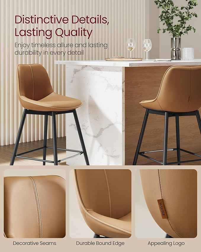 VASAGLE Bar Stools Set of 4, Counter Height Bar Stools with Back, Ergonomic Backrest, Synthetic Leather, Metal Legs, 24.8-Inch Tall Barstools for Kitchen Island Home Bar, Easy Assembly, Caramel Brown