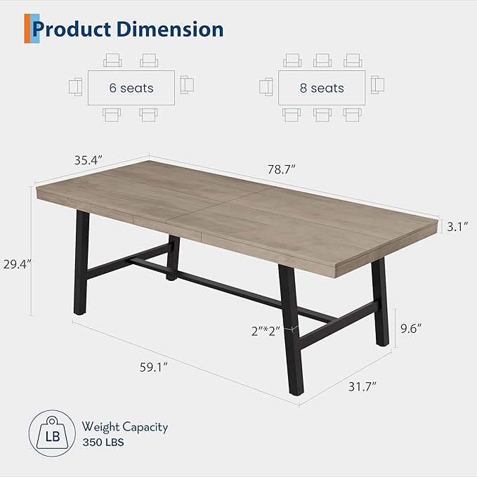 GarveeHome Industrial Dining Table for 6-8 People, 78.74" Long Large Kitchen Table with Sturdy Metal Frame, Rectangular Counter for Dinner, Kitchen, Dining Room (Grey, 79" Non-extendable)